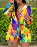 ALLOVER PRINT BUTTON DOWN SHIRT SHORTS SET - Missyess