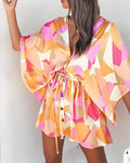 ALLOVER PRINT BUTTON FRONT DRAWSTRING CASUAL DRESS - Missyess