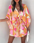 ALLOVER PRINT BUTTON FRONT DRAWSTRING CASUAL DRESS - Missyess