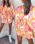 ALLOVER PRINT BUTTON FRONT DRAWSTRING CASUAL DRESS - Missyess