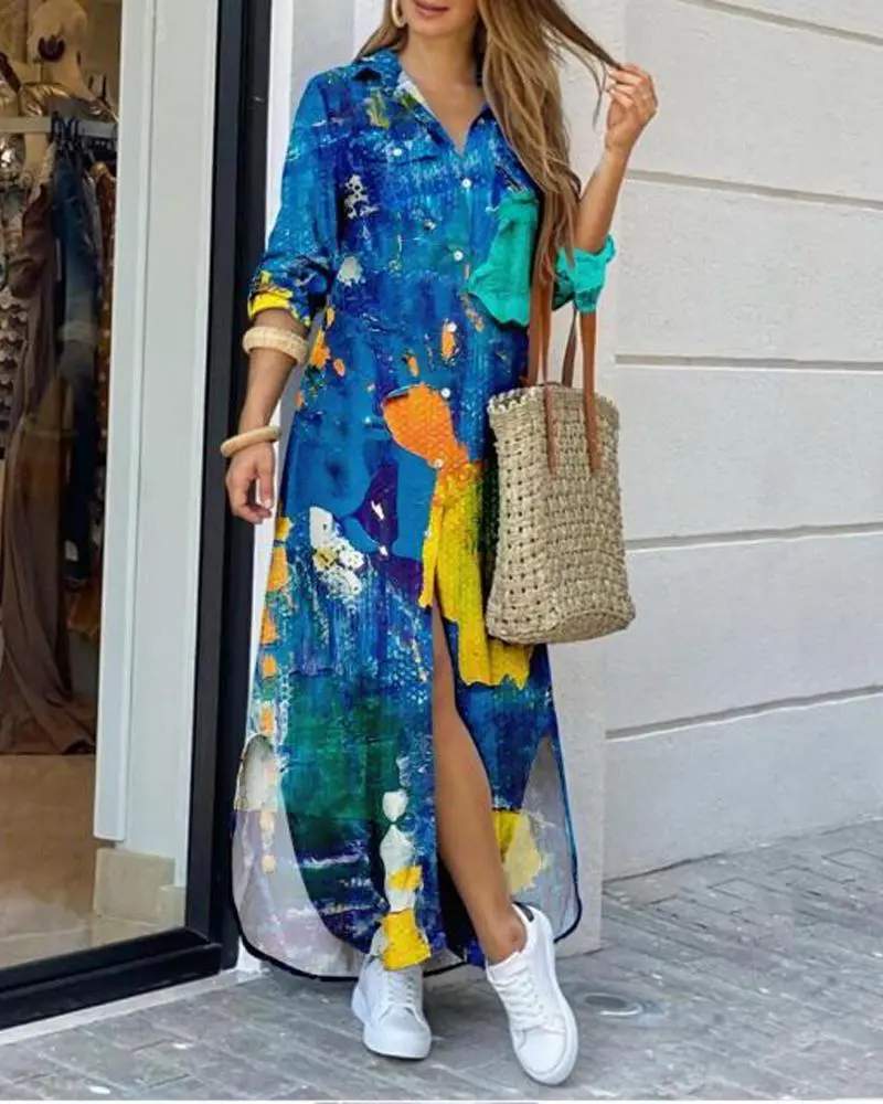 ALLOVER PRINT CURVED HEM BUTTON FRONT SHIRT DRESS - Missyess