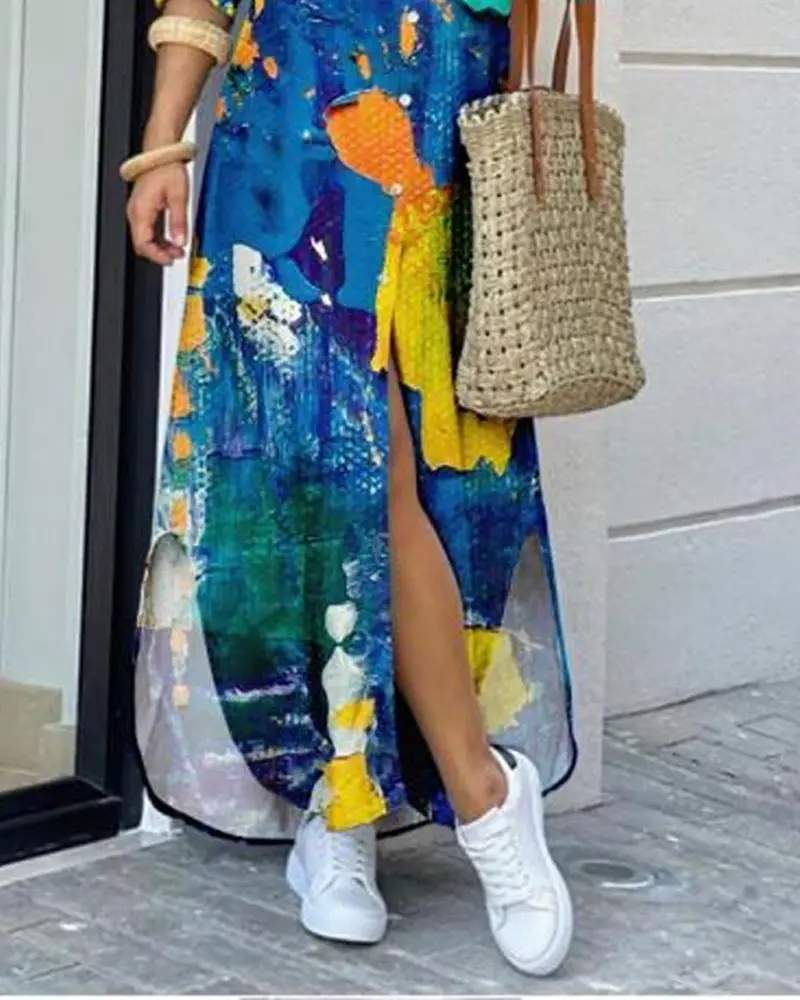 ALLOVER PRINT CURVED HEM BUTTON FRONT SHIRT DRESS - Missyess