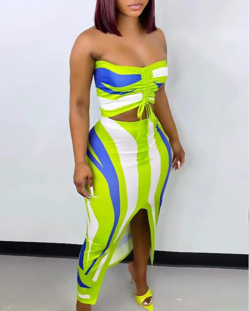 ALLOVER PRINT DRAWSTRING RUCHED CROP TUBE TOP SKIRT SET - Missyess