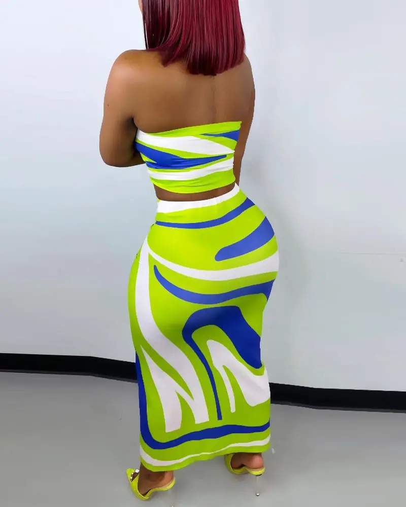 ALLOVER PRINT DRAWSTRING RUCHED CROP TUBE TOP SKIRT SET - Missyess