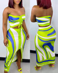 ALLOVER PRINT DRAWSTRING RUCHED CROP TUBE TOP SKIRT SET - Missyess