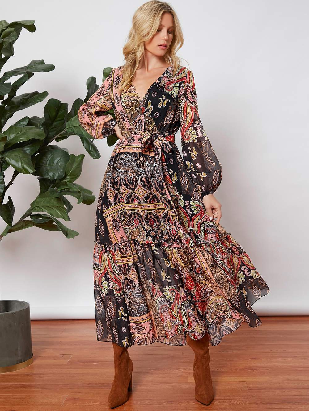 ALLOVER PRINT LANTERN SLEEVE BELTED DRESS - Missyess