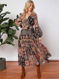 ALLOVER PRINT LANTERN SLEEVE BELTED DRESS - Missyess