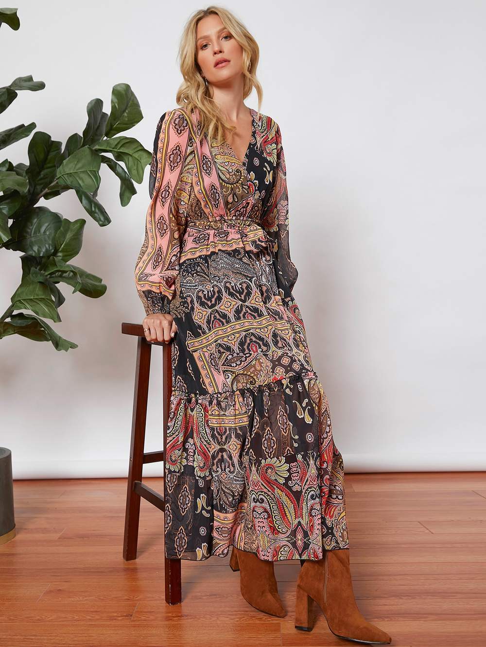 ALLOVER PRINT LANTERN SLEEVE BELTED DRESS - Missyess
