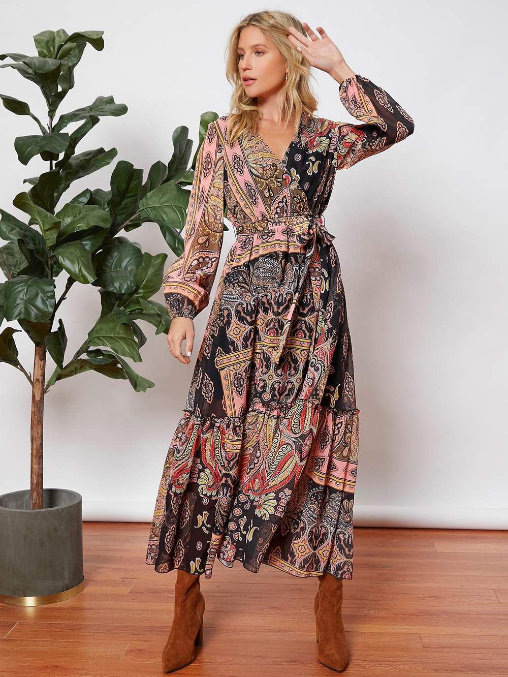 ALLOVER PRINT LANTERN SLEEVE BELTED DRESS - Missyess