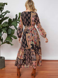 ALLOVER PRINT LANTERN SLEEVE BELTED DRESS - Missyess