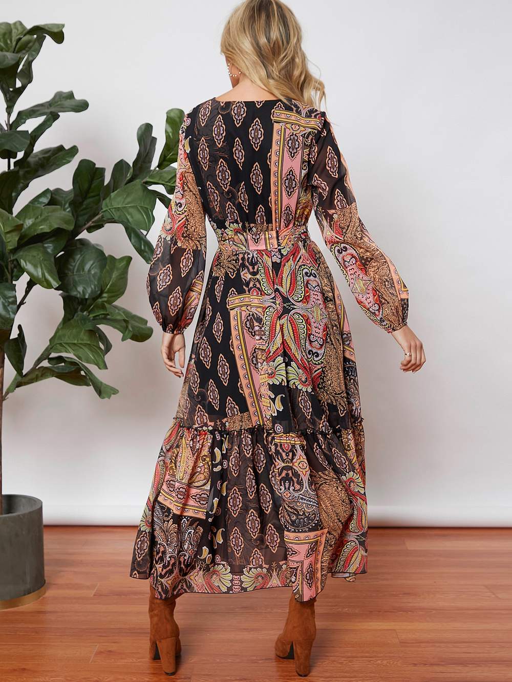 ALLOVER PRINT LANTERN SLEEVE BELTED DRESS - Missyess