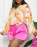 ALLOVER PRINT LANTERN SLEEVE SHIRT SHORTS SET - Missyess