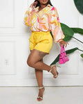 ALLOVER PRINT LANTERN SLEEVE SHIRT SHORTS SET - Missyess