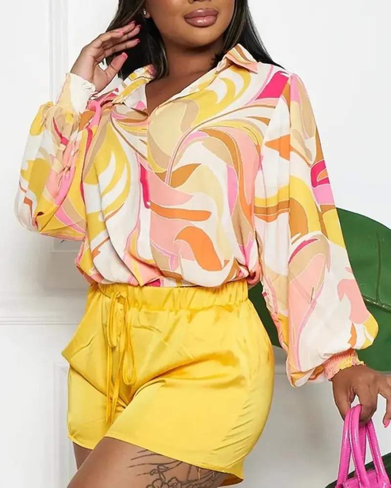 ALLOVER PRINT LANTERN SLEEVE SHIRT SHORTS SET - Missyess