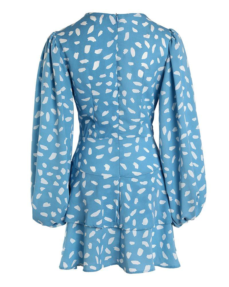 ALLOVER PRINT LANTERN SLEEVE TIED DETAIL CASUAL DRESS - Missyess