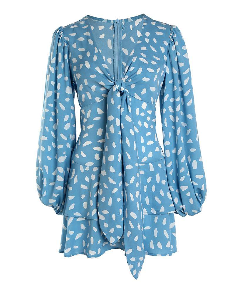 ALLOVER PRINT LANTERN SLEEVE TIED DETAIL CASUAL DRESS - Missyess