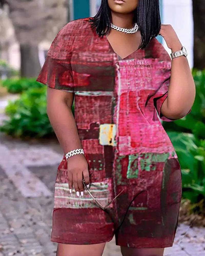 ALLOVER PRINT POCKET DESIGN SHORT SLEEVE ROMPERS - Missyess