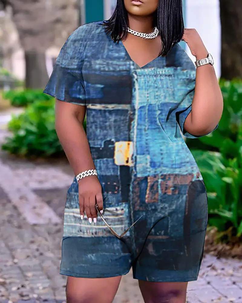 ALLOVER PRINT POCKET DESIGN SHORT SLEEVE ROMPERS - Missyess