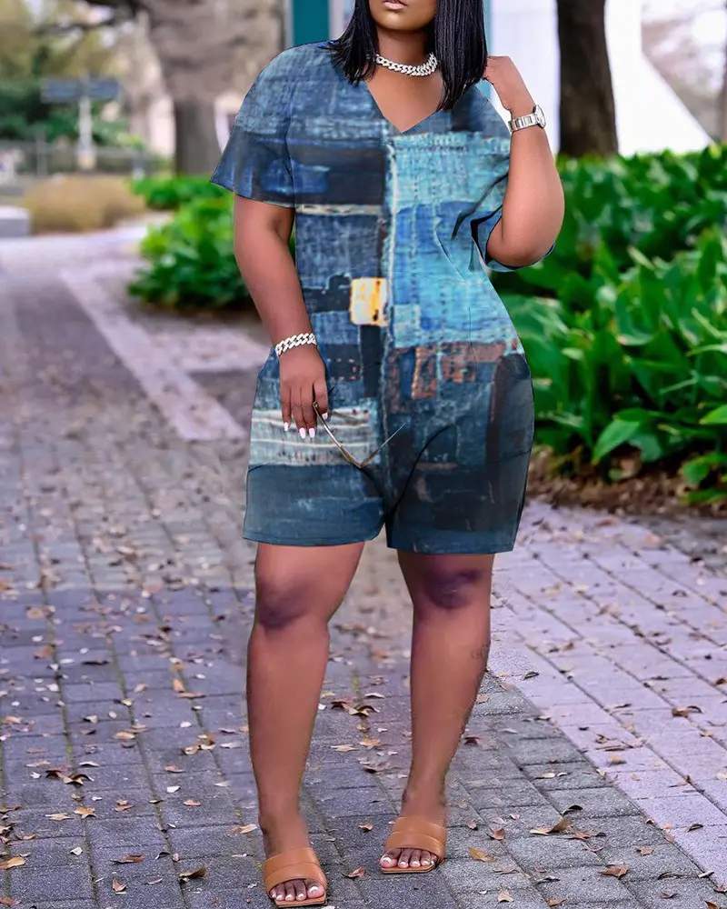 ALLOVER PRINT POCKET DESIGN SHORT SLEEVE ROMPERS - Missyess