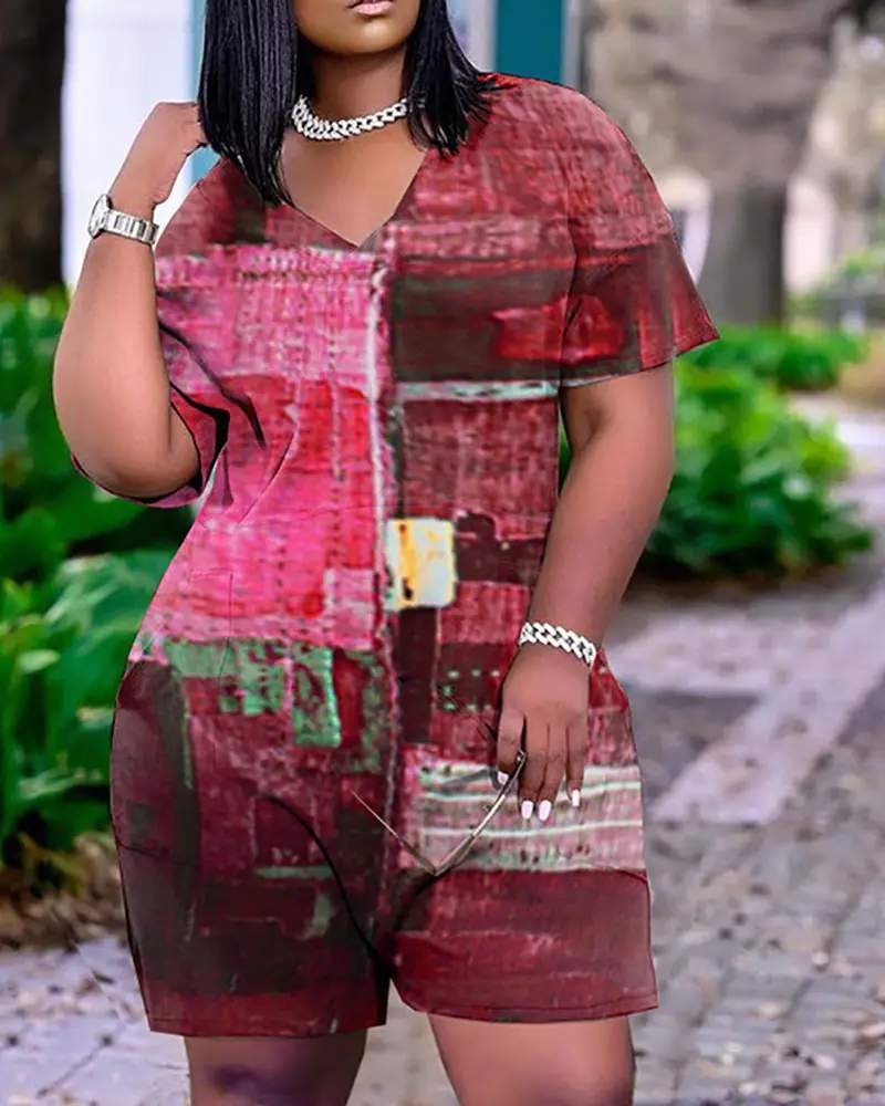 ALLOVER PRINT POCKET DESIGN SHORT SLEEVE ROMPERS - Missyess