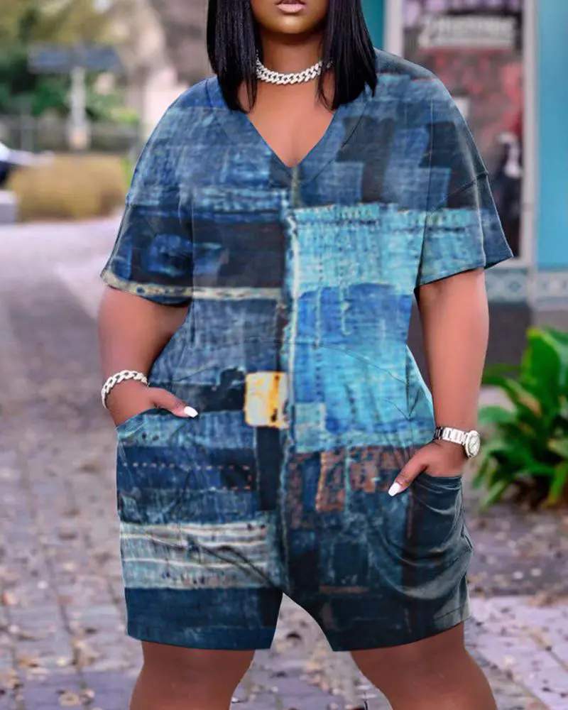ALLOVER PRINT POCKET DESIGN SHORT SLEEVE ROMPERS - Missyess