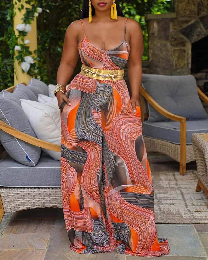 ALLOVER PRINT SPAGHETTI STRAP WIDE LEG JUMPSUIT - Missyess