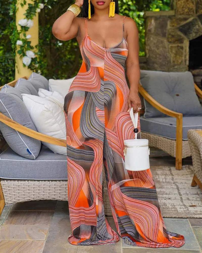 ALLOVER PRINT SPAGHETTI STRAP WIDE LEG JUMPSUIT - Missyess