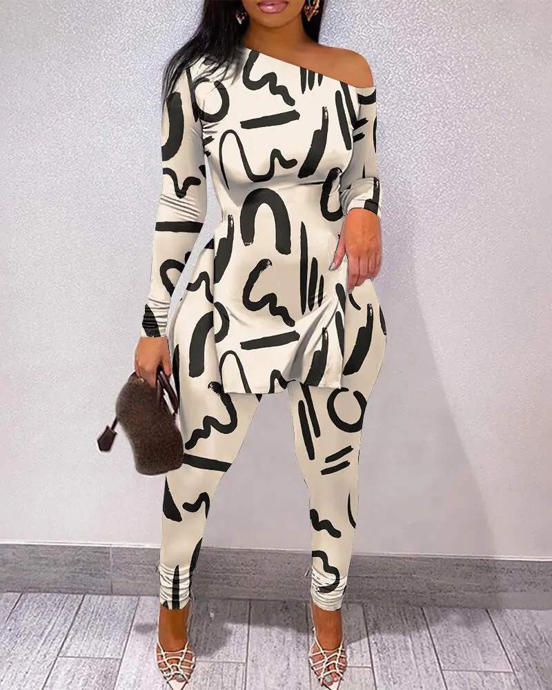 ALLOVER PRINT SPLIT HEM LONG SLEEVE TOP PANTS SET - Missyess