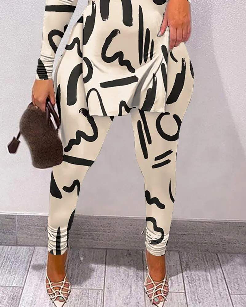 ALLOVER PRINT SPLIT HEM LONG SLEEVE TOP PANTS SET - Missyess