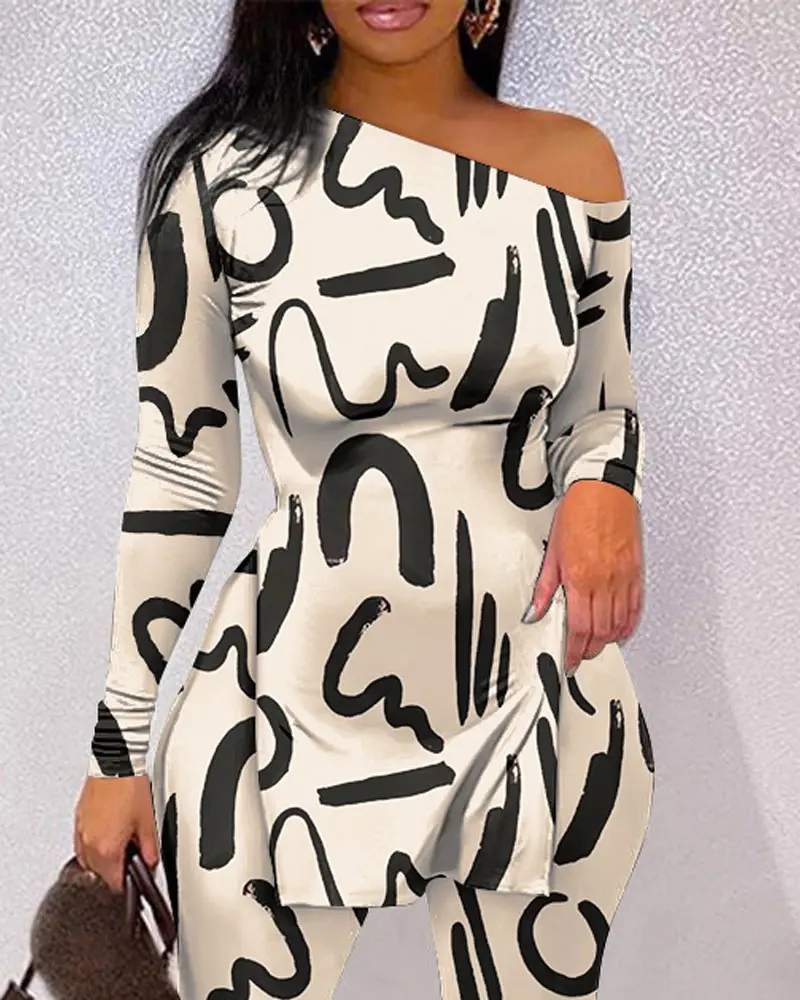 ALLOVER PRINT SPLIT HEM LONG SLEEVE TOP PANTS SET - Missyess
