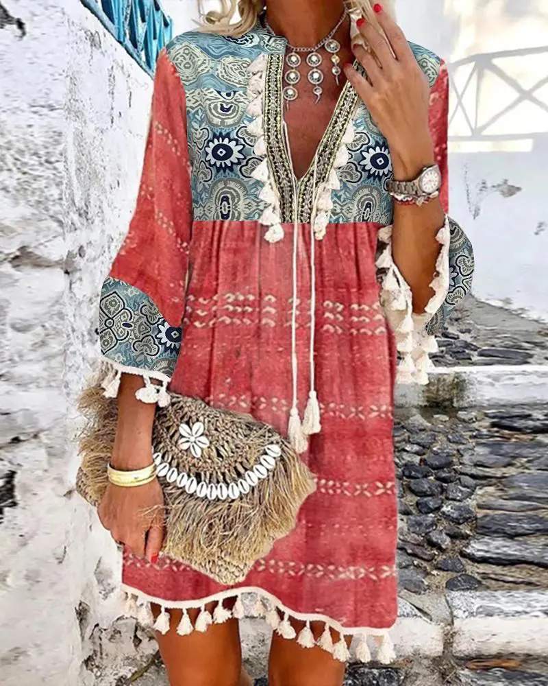 ALLOVER PRINT TASSEL DESIGN PLUNGE BELL SLEEVE DRESS - Missyess