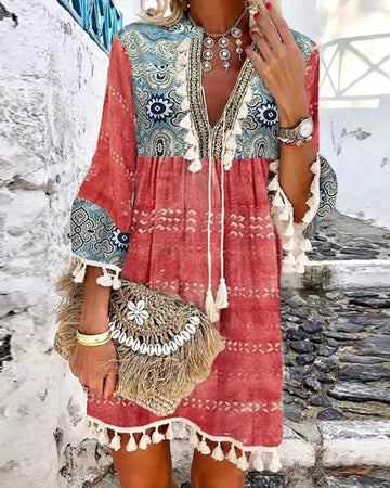 ALLOVER PRINT TASSEL DESIGN PLUNGE BELL SLEEVE DRESS - Missyess