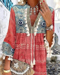 ALLOVER PRINT TASSEL DESIGN PLUNGE BELL SLEEVE DRESS - Missyess