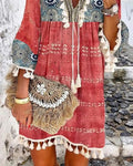 ALLOVER PRINT TASSEL DESIGN PLUNGE BELL SLEEVE DRESS - Missyess