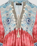 ALLOVER PRINT TASSEL DESIGN PLUNGE BELL SLEEVE DRESS - Missyess