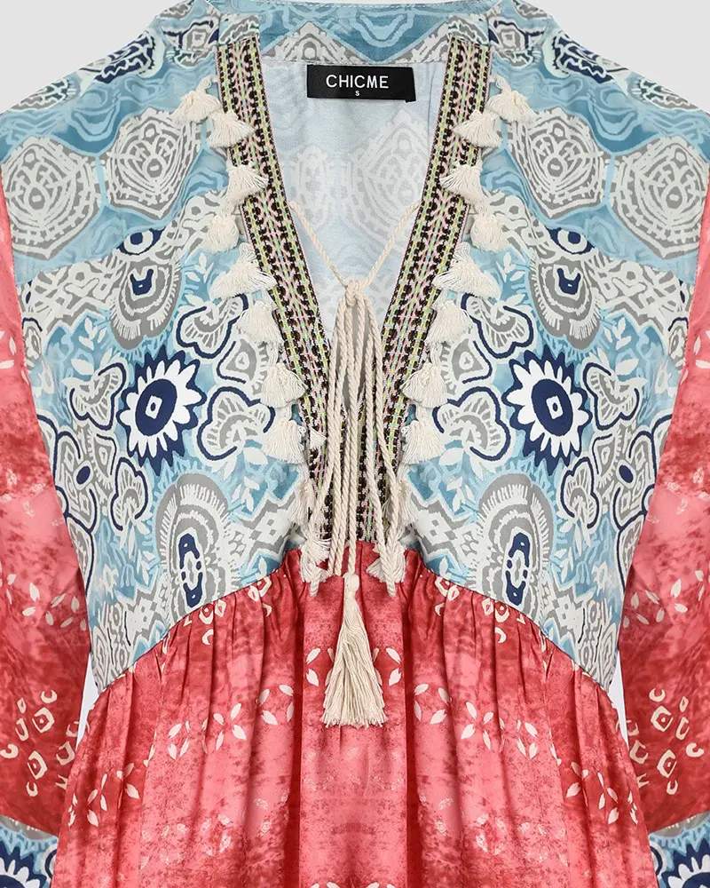 ALLOVER PRINT TASSEL DESIGN PLUNGE BELL SLEEVE DRESS - Missyess