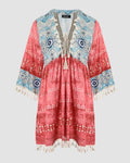 ALLOVER PRINT TASSEL DESIGN PLUNGE BELL SLEEVE DRESS - Missyess