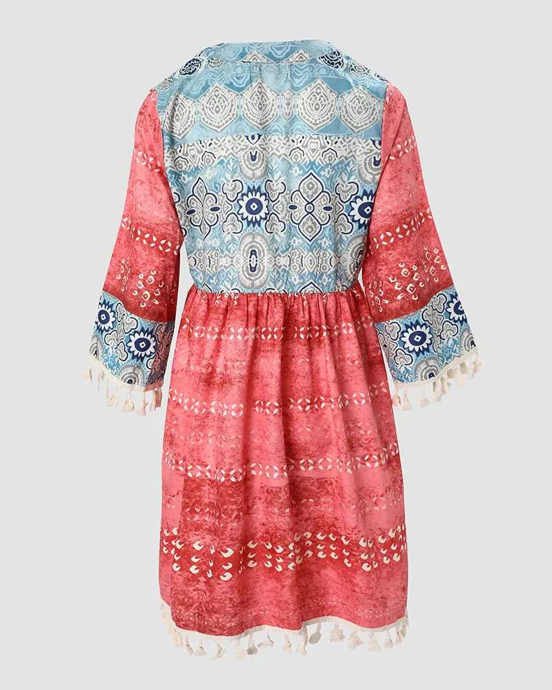 ALLOVER PRINT TASSEL DESIGN PLUNGE BELL SLEEVE DRESS - Missyess
