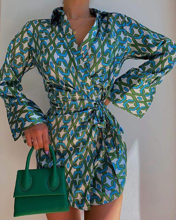 ALLOVER PRINT TIED DETAIL BELL SLEEVE SHIRT DRESS - Missyess