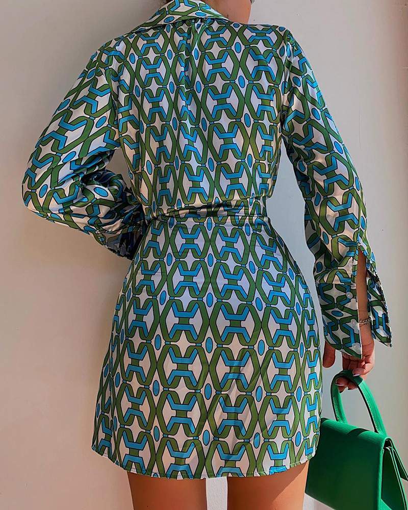ALLOVER PRINT TIED DETAIL BELL SLEEVE SHIRT DRESS - Missyess