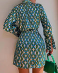 ALLOVER PRINT TIED DETAIL BELL SLEEVE SHIRT DRESS - Missyess