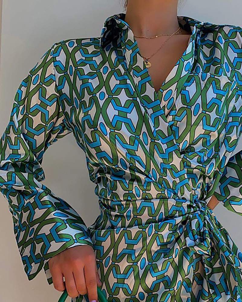 ALLOVER PRINT TIED DETAIL BELL SLEEVE SHIRT DRESS - Missyess