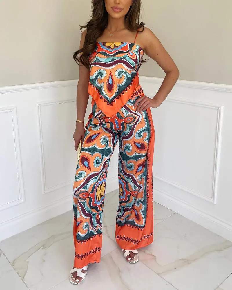 ALL OVER PRINT HANKY HEM CAMI TOP WIDE LEG PANTS SET - Missyess