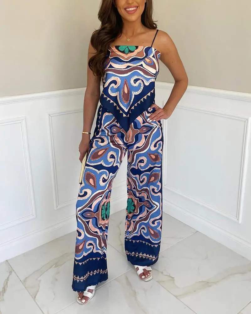 ALL OVER PRINT HANKY HEM CAMI TOP WIDE LEG PANTS SET - Missyess