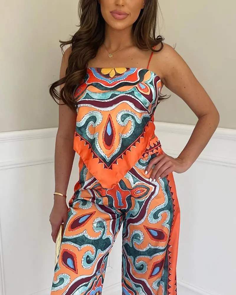 ALL OVER PRINT HANKY HEM CAMI TOP WIDE LEG PANTS SET - Missyess