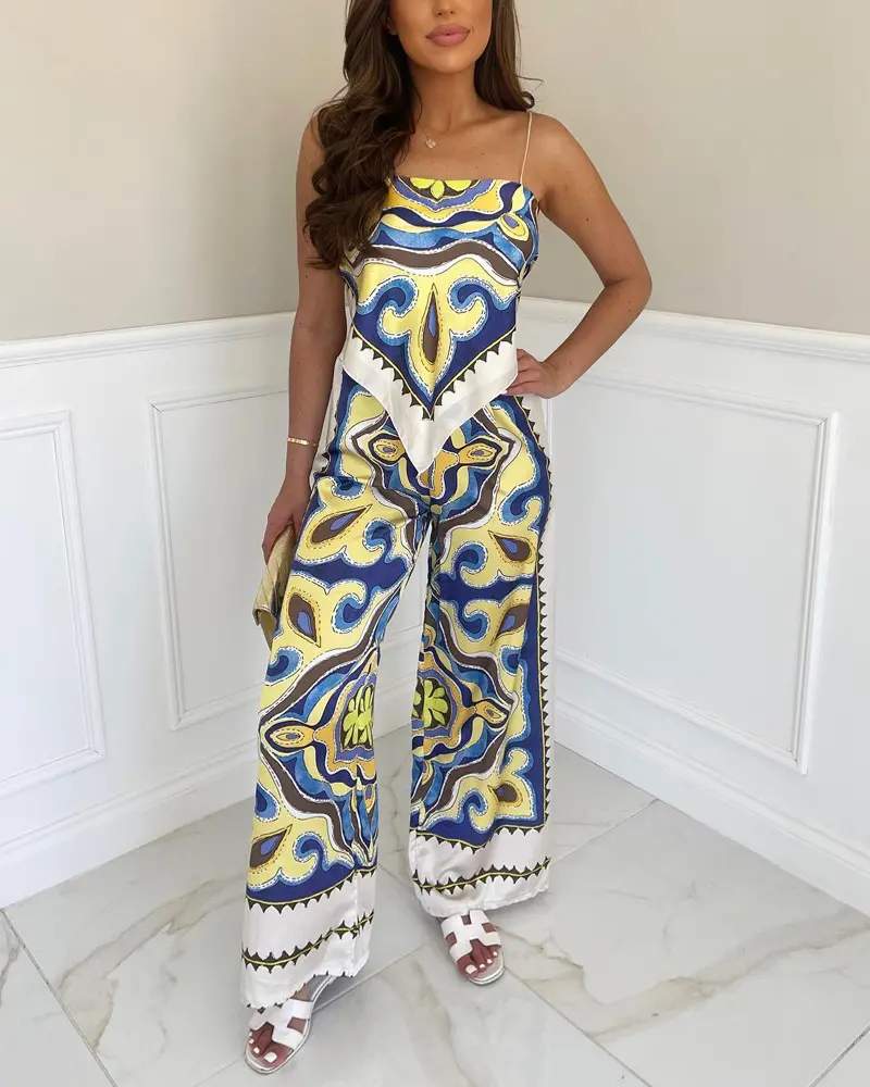 ALL OVER PRINT HANKY HEM CAMI TOP WIDE LEG PANTS SET - Missyess