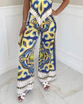 ALL OVER PRINT HANKY HEM CAMI TOP WIDE LEG PANTS SET - Missyess