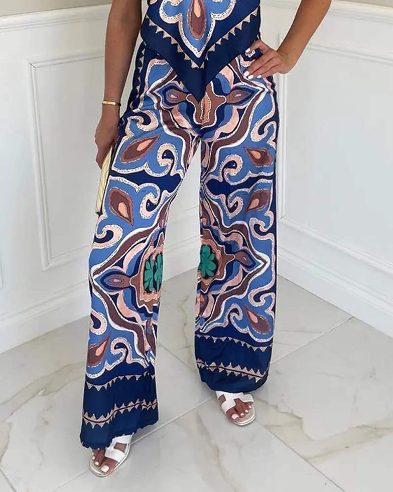 ALL OVER PRINT HANKY HEM CAMI TOP WIDE LEG PANTS SET - Missyess
