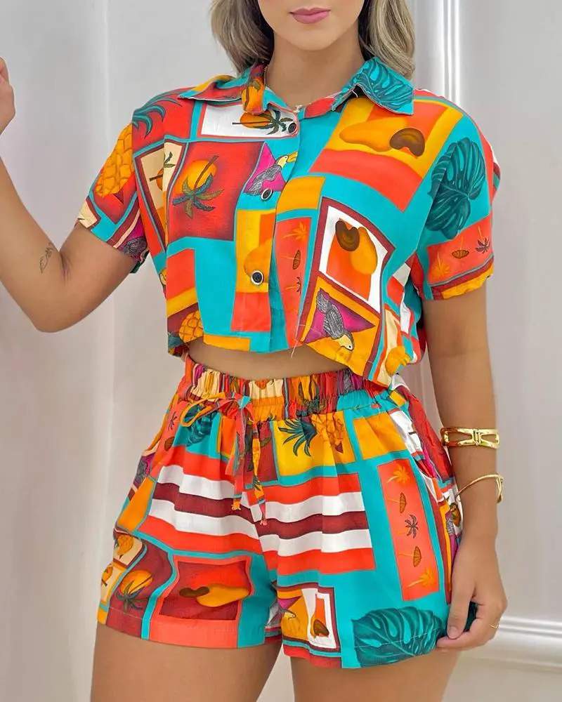 ALL OVER PRINT SHORT SLEEVE TOP DRAWSTRING SHORTS SET - Missyess