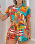 ALL OVER PRINT SHORT SLEEVE TOP DRAWSTRING SHORTS SET - Missyess